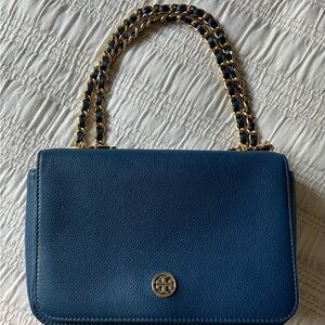 Tory Burch Blue Robinson Crossbody Gold Chain